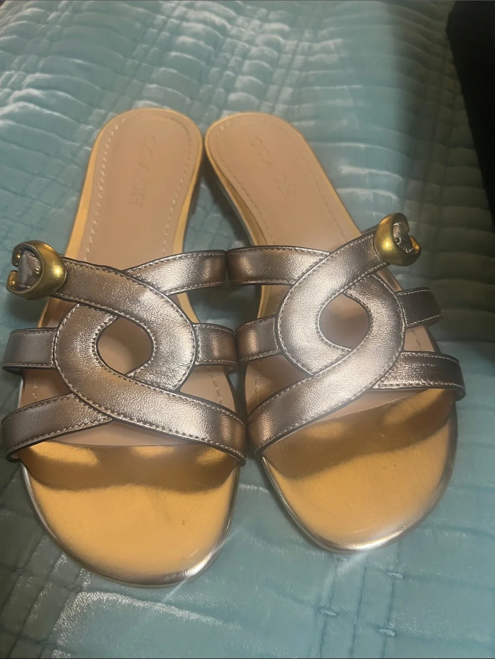 Coach Metallic gold Strappy Slide Sandals new with box